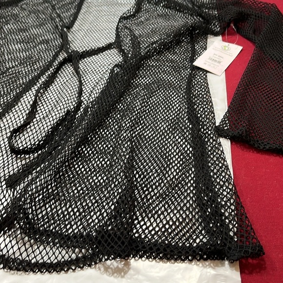 NEW BLACK fishnet CARDIGAN 2xl 3XL mesh jacket mid length MESH tie waist, sheer - Picture 12 of 13